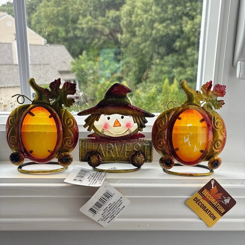 NWT Greenbrier International Fall Metal Pumpkin Scarecrow 3 Sun Catchers Sitters